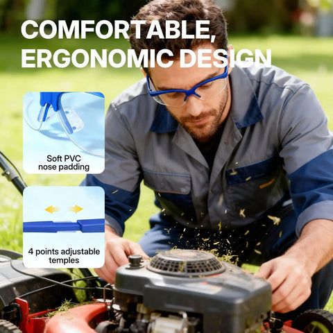 Man wearing Real Deal ANSI Z87 Certified Safety Glasses with impact resistant anti fog polycarbonate lenses, working on a lawnmower.