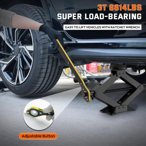 Heavy Duty Scissor Jack Serving Up 3 Ton Lift Capacity With Slick Non Slip Platform For No Sweat Tire Rotations Portable Auto Repair Kit includes adjustable ratchet wrench and black jack.