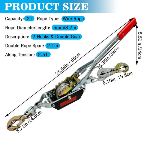 Heavy Duty 4400 Lbs Come Along Winch With 12.14 Ft Steel Cable And Dual Gear System, showing dimensions and features