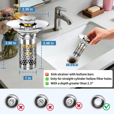 Built To Last Pop Up Bathroom Sink Stopper With Removable Strainer Filter Hair Catcher Solid Brass Drain Assembly No Sweat Replacement For Home Vanities Two Pack displayed in a modern sink.