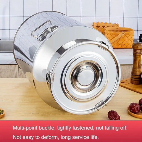 Heavy Duty 304 Stainless Steel Storage Bucket With Lid And Handle For Rice Grain Coffee Beans Dog Food Wine Milk Tank Tote Container Airtight Food Grade 9 25 Gallon Pail shown from the side on a kitchen counter.