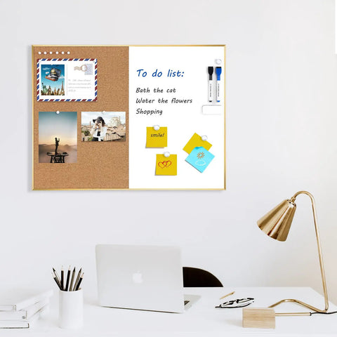 24x18 Cork Board Whiteboard Combo with Magnetic Dry Erase Surface and Gold Frame for Home Office and School Wall