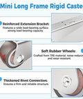 Diagram of 1 Inch Silent Rubber Fixed Caster Wheels Side Mount Non Swivel Castors For Wooden Furniture Cabinets Underbed Drawers And DIY Projects Easy Glide Durable Metal Frame With Screws Four Pack, with reinforced extension bracket, soft rubber wheels, and thickened rivet connection features highlighted.