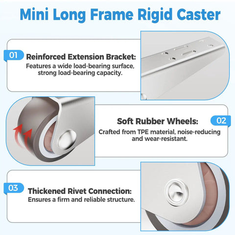 Diagram of 1 Inch Silent Rubber Fixed Caster Wheels Side Mount Non Swivel Castors For Wooden Furniture Cabinets Underbed Drawers And DIY Projects Easy Glide Durable Metal Frame With Screws Four Pack, with reinforced extension bracket, soft rubber wheels, and thickened rivet connection features highlighted.