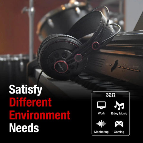 Semi Open Over Ear Studio Headphones With 50mm Neodymium Drivers Wired resting on piano with 32Ω impedance icon