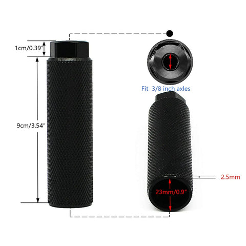 Three Eighths Inch Aluminum Bike Pegs Set With 26 Teeth Anti Skid Foot Pedals, top and side view with dimensions.