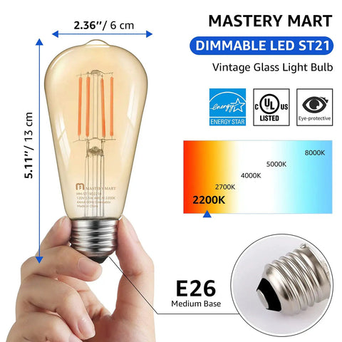 Dimmable Vintage E26 LED Light Bulb 2200K Warm White 5.5W 60W Equivalent Glass ST19 Antique Edison Style 400 Lumens Dope