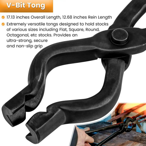 Close-up of Wolf Jaw V-Bit Tongs Set for Knife Making and Bladesmithing, V-Groove jaws gripping metal at a forge station.
