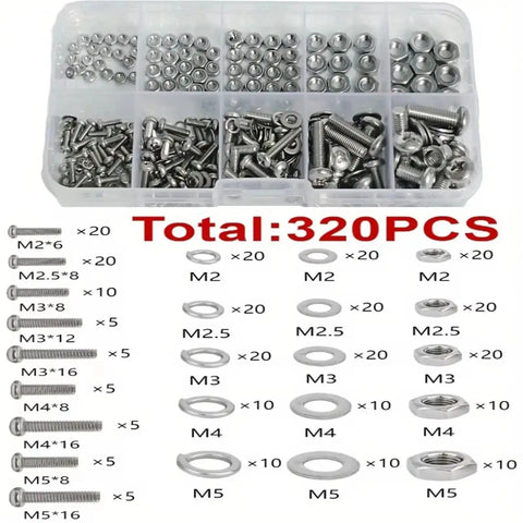 All In One M2 To M5 Metric Hex Nut Bolt Screw Set For Electronics, 3D Printing, Furniture, And Repairs, Includes M2 M3 M4 M5 Nuts And Bolts For Precise Projects, Great For DIYers, Makers, And Small Workshops. 320-piece organizer case with M2-M5 screws, nuts, washers