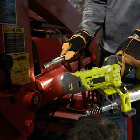 Person using Grease Gun Tip and 9-Piece Quick Connect Coupler Kit with Pouch, Pro Grade Grease Fittings Set on machinery