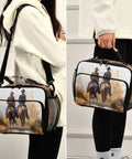 Two views of North American Desert Cowboy Insulated Lunch Bag with buckle handle and shoulder strap, featuring cowboy print.