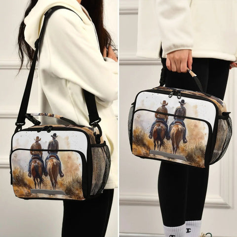 Two views of North American Desert Cowboy Insulated Lunch Bag with buckle handle and shoulder strap, featuring cowboy print.