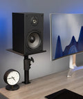 Clamp-On Speaker Stand Desk Mount Set Two-Pack With Adjustable Height And Tilt Universal 9.5x8.8 Platforms, beside monitor