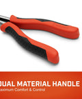 Close-up of red and black dual material grips on two piece long nose pliers set with straight and bent tips, long reach design.