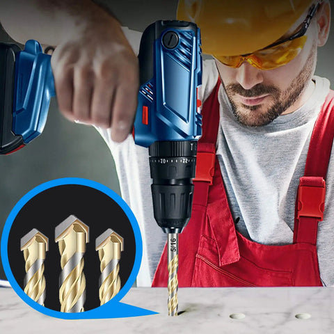 Worker using a drill with the Beefy 10 Piece Masonry Drill Bit Set With Carbide Tips for ceramic tile, showcasing drill bits.