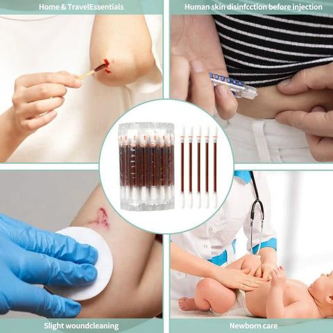 Travel Ready Iodine Swabs With Snap And Flow Technology, Premium Organic Cotton Tips For Mess Free Grab-And-Go Wound Care On Cuts Scrapes And Burns, Individually Packaged, HSA FSA Eligible, 100 Count used in various first aid scenarios including wound cleaning and skin disinfection.
