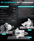 Superior A/C Compressor Keep Your Daily Cruisers Frosty For Nissan Versa Note 2012-2019 And Tiida 2016-2018 showing front, back, and side views with specifications.