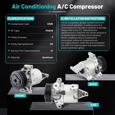 Superior A/C Compressor Keep Your Daily Cruisers Frosty For Nissan Versa Note 2012-2019 And Tiida 2016-2018 showing front, back, and side views with specifications.