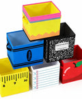 Six Pack Collapsible Fabric Storage Bins With Sturdy Handles For Classroom And Playroom stacked in colorful designs.