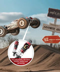 Fast Brushless One Sixteenth Scale RC Buggy for Adults shown mid-air with adjustable oil-filled shocks over dirt mound.