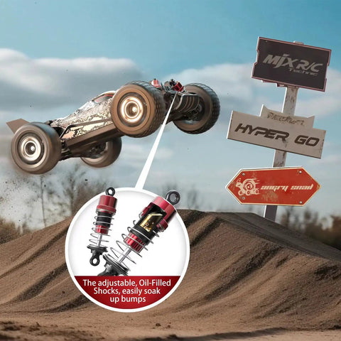 Fast Brushless One Sixteenth Scale RC Buggy for Adults shown mid-air with adjustable oil-filled shocks over dirt mound.