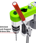 Close-up of green Beast Of A Mini Drill Press For The Home Shop Benchtop Portable Electric Drilling Machine With CNC 795 Motor and B10 Chuck
