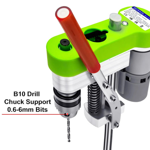 Close-up of green Beast Of A Mini Drill Press For The Home Shop Benchtop Portable Electric Drilling Machine With CNC 795 Motor and B10 Chuck
