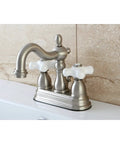 Heritage Style Lavatory Faucet With Porcelain Cross Handle 4 Inch Centerset Brushed Nickel Finish Drip Free Washerless Cartridge