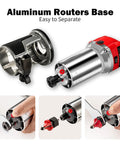 Compact Wood Router Tool With 6.5 Amp 1.25 HP Motor and aluminum base shown disassembled and close-up of bit installation