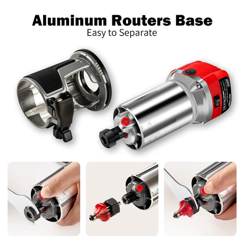 Compact Wood Router Tool With 6.5 Amp 1.25 HP Motor and aluminum base shown disassembled and close-up of bit installation
