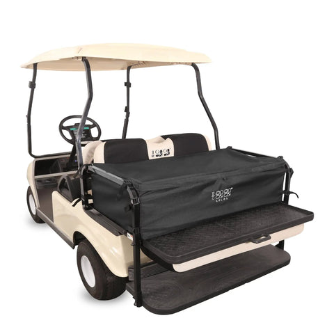 Rear Bench Golf Cart Storage Bag For 2 Plus 2 Or 4 Passenger Carts 800D PVC Dustproof Organizer With Secure Buckles Fits Yamaha EZGO Club Car No Drilling Required Grocery Carrier attached to beige golf cart