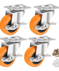 Set of 4 orange polyurethane 2.5 Inch Heavy Duty Caster Wheels with brakes and mounting hardware for furniture carts and workbenches.