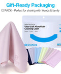 12-pack SmoTecQ microfiber lens cleaning cloths, assorted colors, 7×6 in, for glasses, screens, cameras