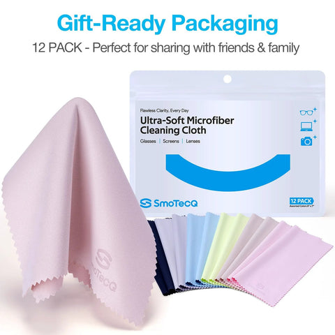 12-pack SmoTecQ microfiber lens cleaning cloths, assorted colors, 7×6 in, for glasses, screens, cameras