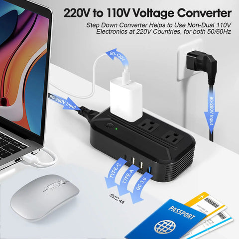 Image of 2300W Travel Voltage Converter With 220V To 110V Step Down 3 USB Ports 1 Type C And 3 AC Outlets connected to devices