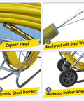 Heavy Duty Fiberglass Fish Tape Duct Rodder Workhorse Reel With Smart Brake And Dual Wheels 820 Feet Long features copper head, reinforced steel wire, stable steel bracket, thickened rubber wheels.