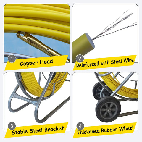 Heavy Duty Fiberglass Fish Tape Duct Rodder Workhorse Reel With Smart Brake And Dual Wheels 820 Feet Long features copper head, reinforced steel wire, stable steel bracket, thickened rubber wheels.