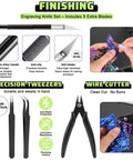 43 Piece 3D Printer Tools Kit For All FDM And SLA Printers With Nozzle Cleaning Tools Removal Scrapers Finishing Tools Five Types Of Files Brushes Wire Cutter And Engraving Knife Plus One Year Warranty engraving knife set with extra blades, precision tweezers, and wire cutter.