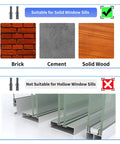 Graphic showing Go To Light Duty Window AC Bracket compatibility with solid brick, cement, and wood sills; not for hollow sills.