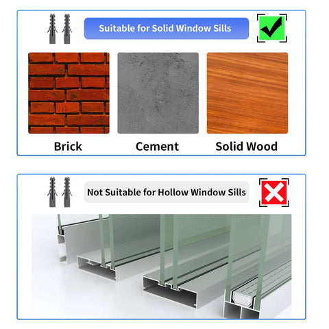 Graphic showing Go To Light Duty Window AC Bracket compatibility with solid brick, cement, and wood sills; not for hollow sills.