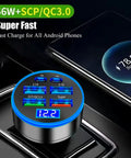 High Power USB C Car Charger 6 In 1 With Voltage Display 250W Multi Port Cigarette Lighter Adapter Ultra Fast Charge shown in car