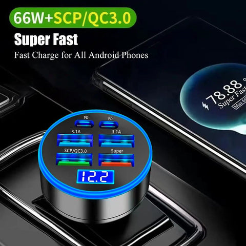 High Power USB C Car Charger 6 In 1 With Voltage Display 250W Multi Port Cigarette Lighter Adapter Ultra Fast Charge shown in car