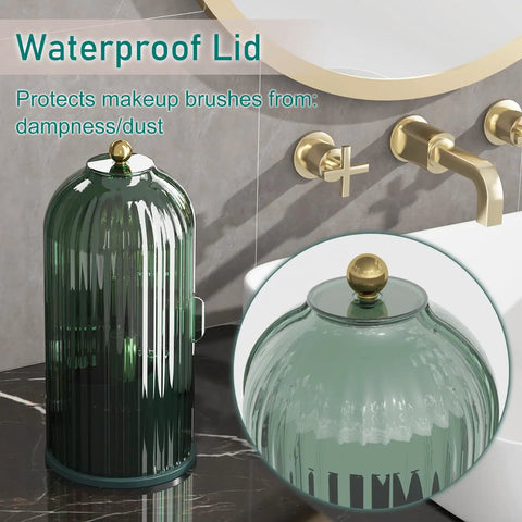 All Green 360 Degree Rotating Makeup Brush Holder With Lid Waterproof Dustproof Cosmetic Organizer for Vanity Desk
