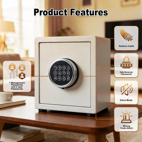 Electronic Safe Lock Replacement Kit for Gun Safes with features like zinc alloy keypad and swing bolt on table