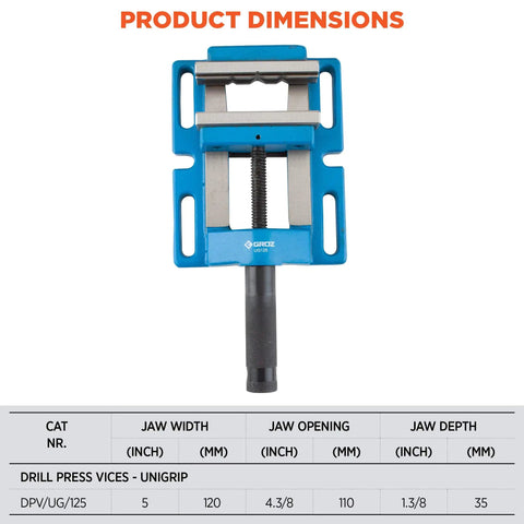 Top view of 5 Inch Unigrip Drill Press Vise With 4-3/8 Inch Jaw Opening Built Tough For Daily Shop Use Cast Iron Body dimensions
