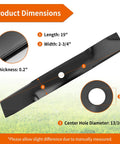 Mower Blades 19 Inch High Lift Replacement 3 Pack For John Deere 54 Inch Deck Models Z445 Z425 Z435 LX280 X340 X380 X710 X730 X734 UC22010 Medium Lift Built To Last Durable, showing blade dimensions and hole diameter.