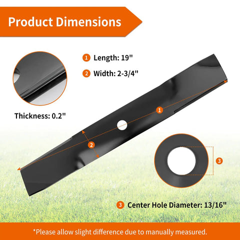 Mower Blades 19 Inch High Lift Replacement 3 Pack For John Deere 54 Inch Deck Models Z445 Z425 Z435 LX280 X340 X380 X710 X730 X734 UC22010 Medium Lift Built To Last Durable, showing blade dimensions and hole diameter.