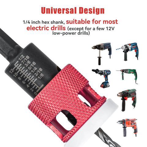 Close-up of red 5-piece countersink drill bit set with low-friction depth stop; black body with scale markings
