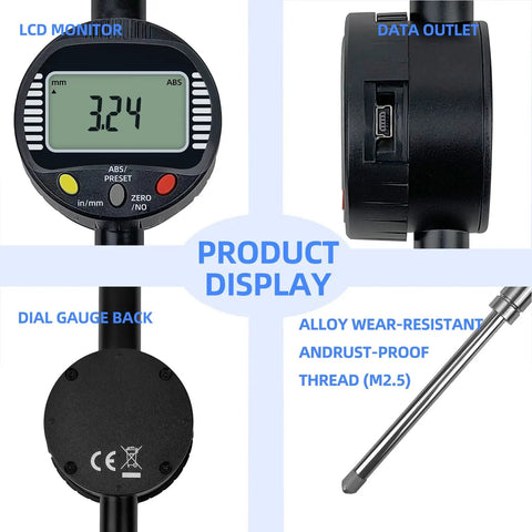 Digital Dial Gauge With 0.01mm Graduation For CNC Milling And Woodworking 0 To 50.8mm 2 Inch Range Metric And Imperial Readouts Easy Read Electronic Indicator showing LCD, outlet, and probe