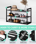 3 Tier Bamboo Shoe Rack Organizer 32.5 Inch Long Holds 9-15 Pairs Stackable Foldable Black with various shoes and hats